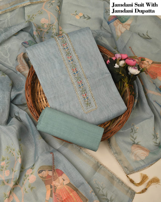 Sky Blue Jamdani Suit with Jamdani Dupatta – Premium Unstitched Ladies Dress Material