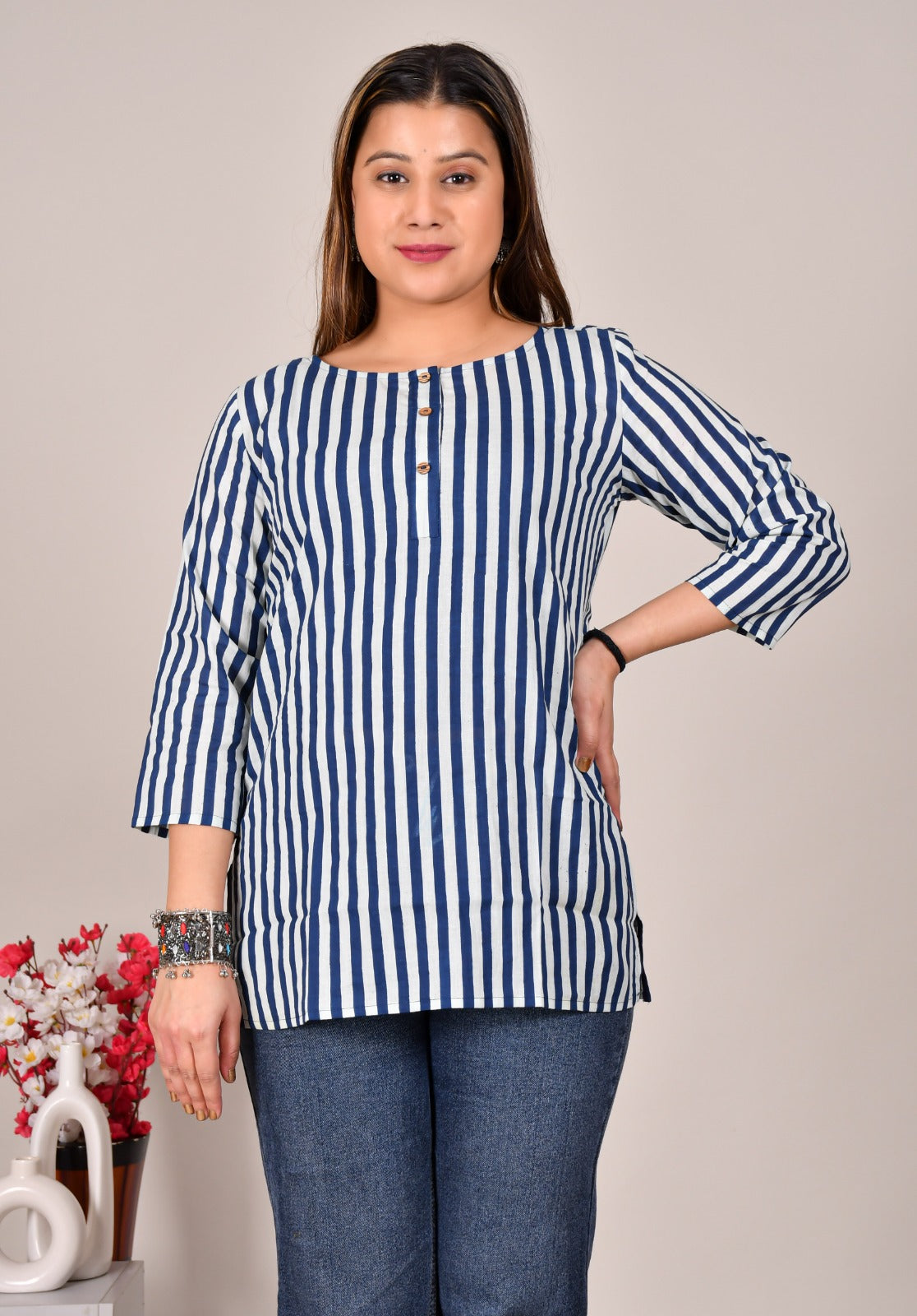 Blue White Striped Cotton Top for Women – Casual 3/4 Sleeve Top