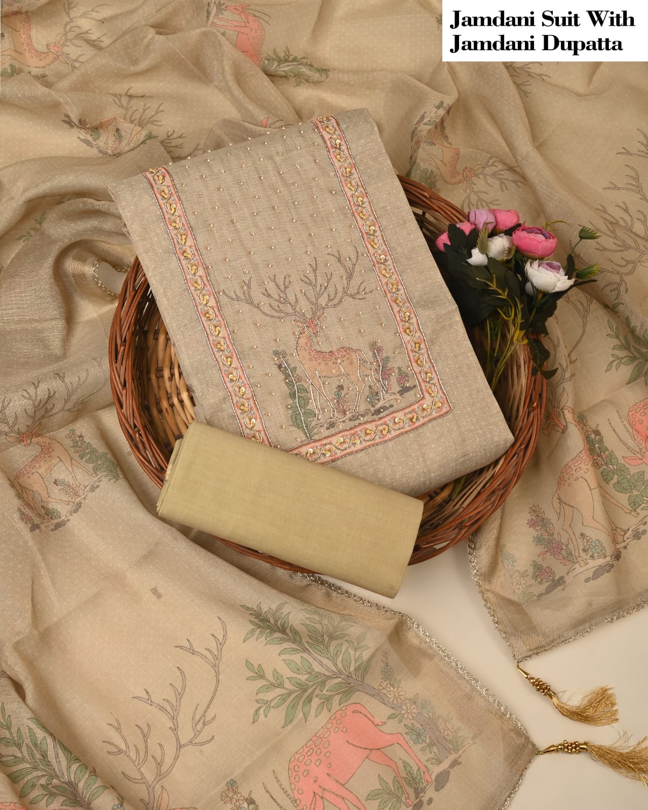 Beige Jamdani Embroidered Suit with Jamdani Dupatta – Ladies Unstitched Ethnic Wear