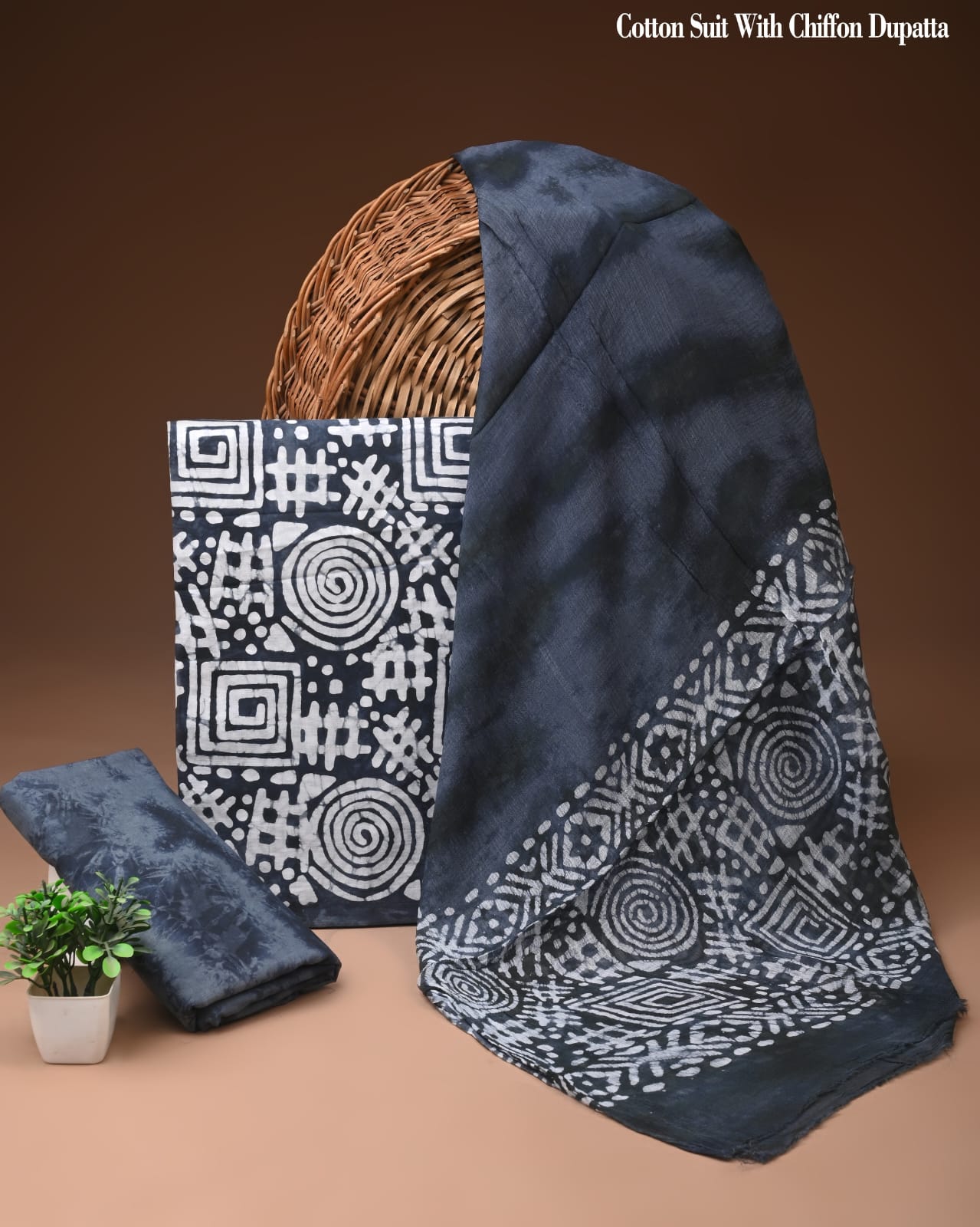 Charcoal Grey Batik Print Cotton Suit with Chiffon Dupatta – Ladies Unstitched Summer Dress Material