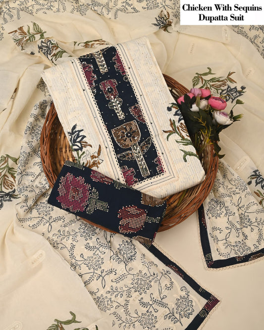Cream Chicken Embroidered Suit with Sequins Dupatta – Designer Ladies Unstitched Dress Material