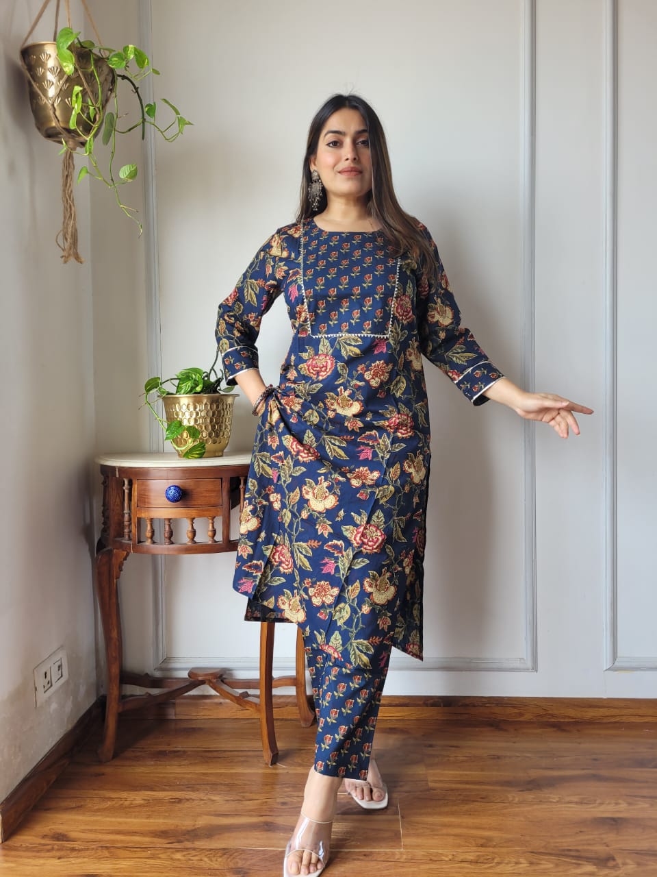 Navy Blue Floral Cotton Kurti Pant Set for Women | Designer Ethnic Wear