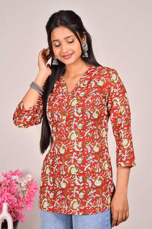 Red Floral Printed Cotton Top for Women – Casual V-Neck Ethnic Wear