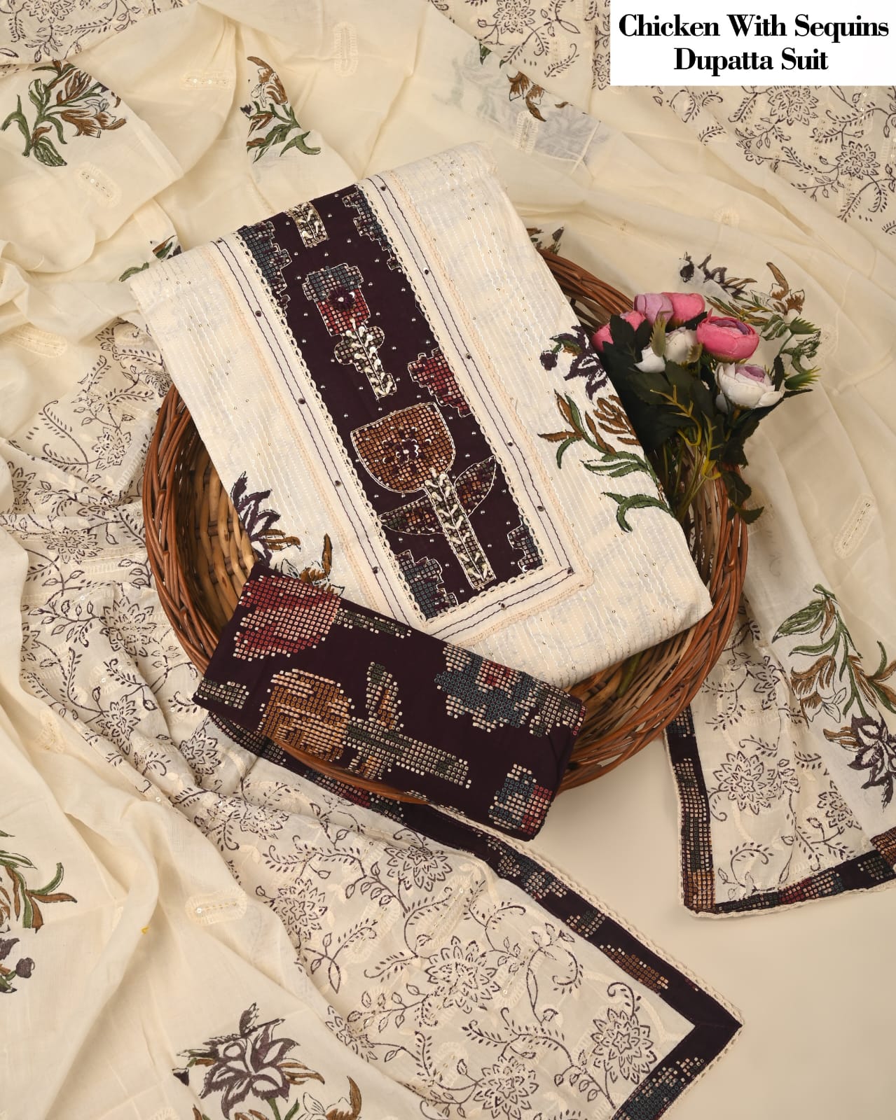 Cream & Maroon Chicken Embroidered Suit with Sequins Dupatta – Ladies Unstitched Ethnic Wear