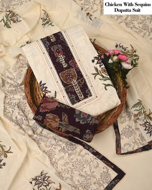 Cream & Maroon Chicken Embroidered Suit with Sequins Dupatta – Ladies Unstitched Ethnic Wear