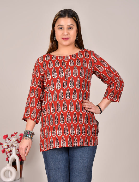 Red Leaf Printed Cotton Top for Women – Casual Ethnic 3/4 Sleeve Top