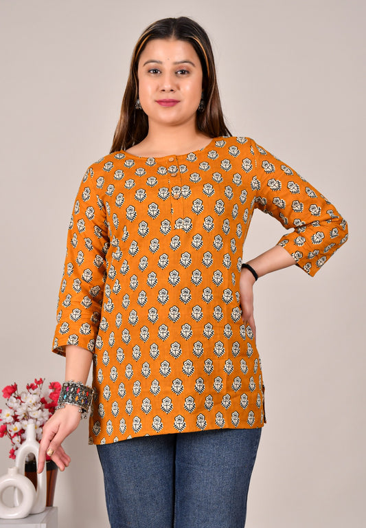 Mustard Printed Cotton Top for Women – Casual Ethnic Summer Wear