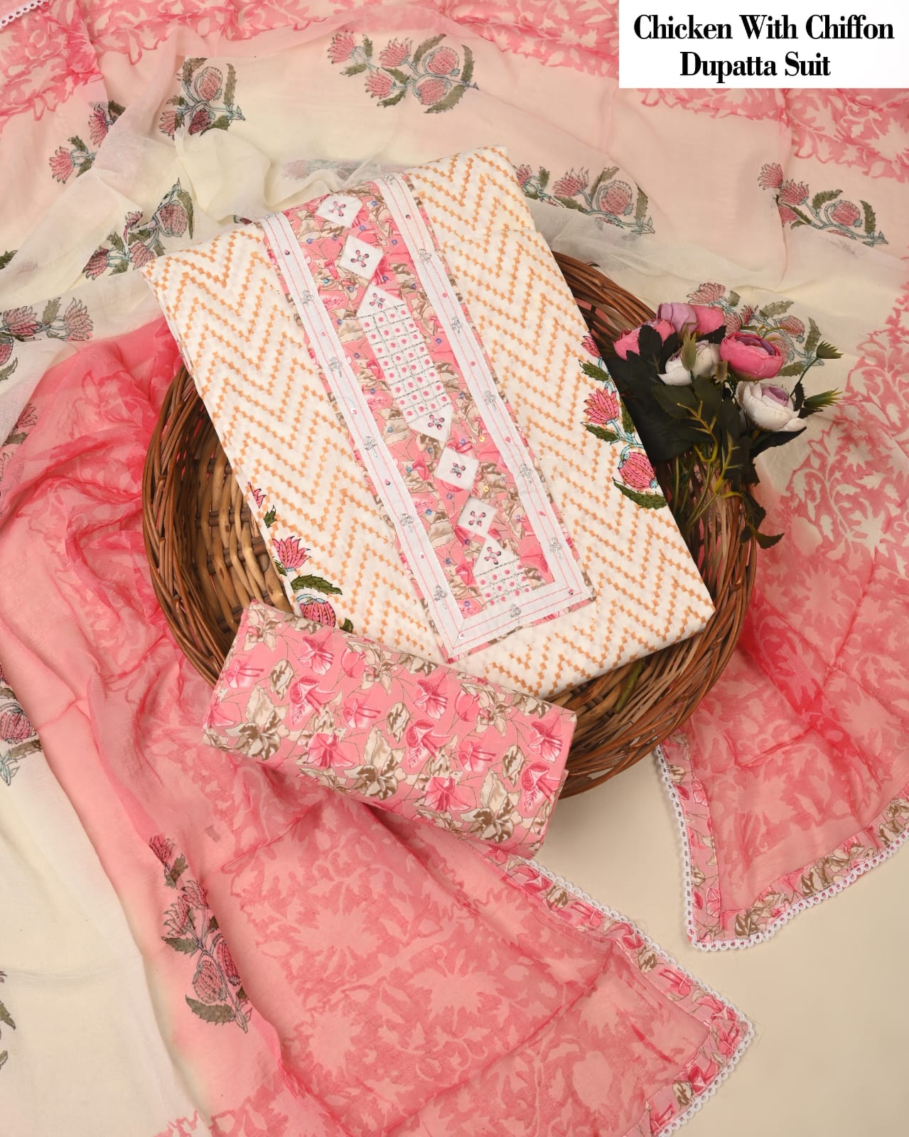 Pink Chicken Embroidered Suit with Printed Chiffon Dupatta – Ladies Unstitched Summer Dress