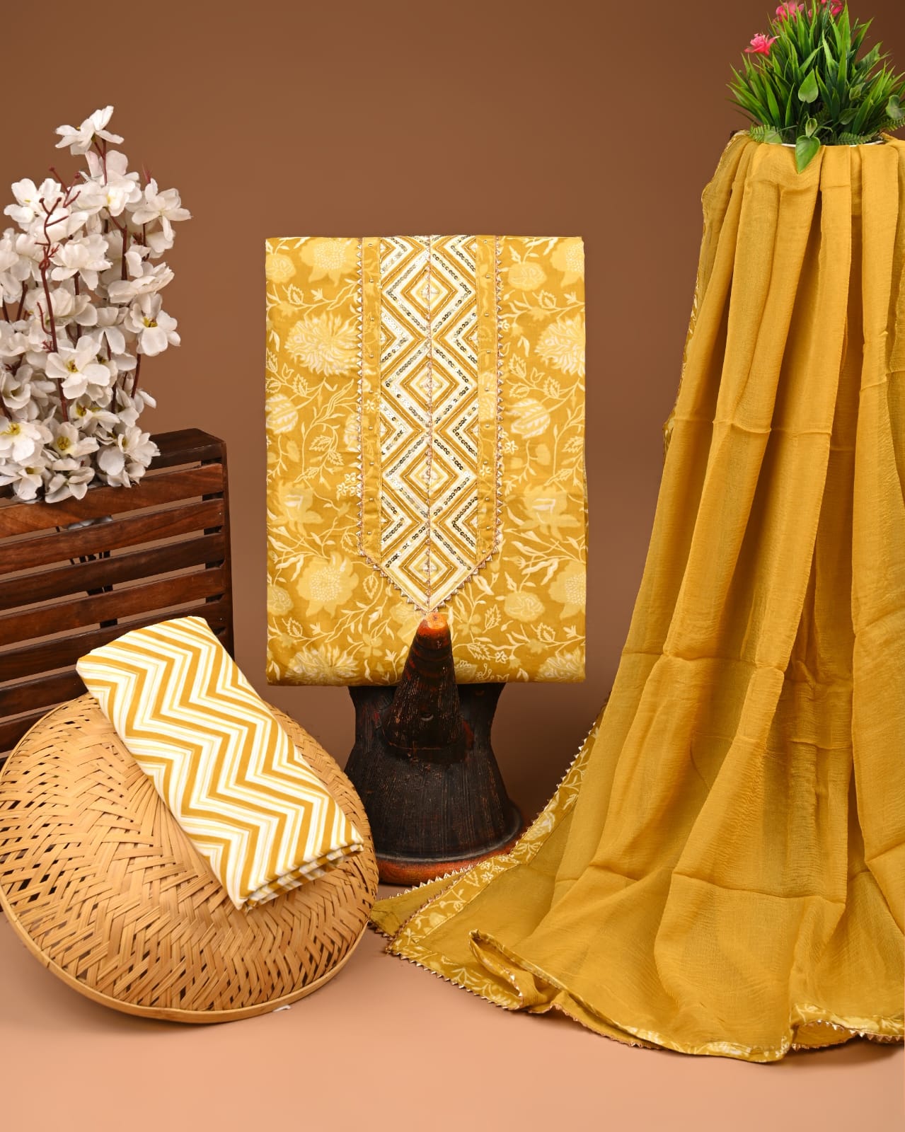 Mustard Yellow Neck Work Cotton Suit with Dupatta – Premium Unstitched Set