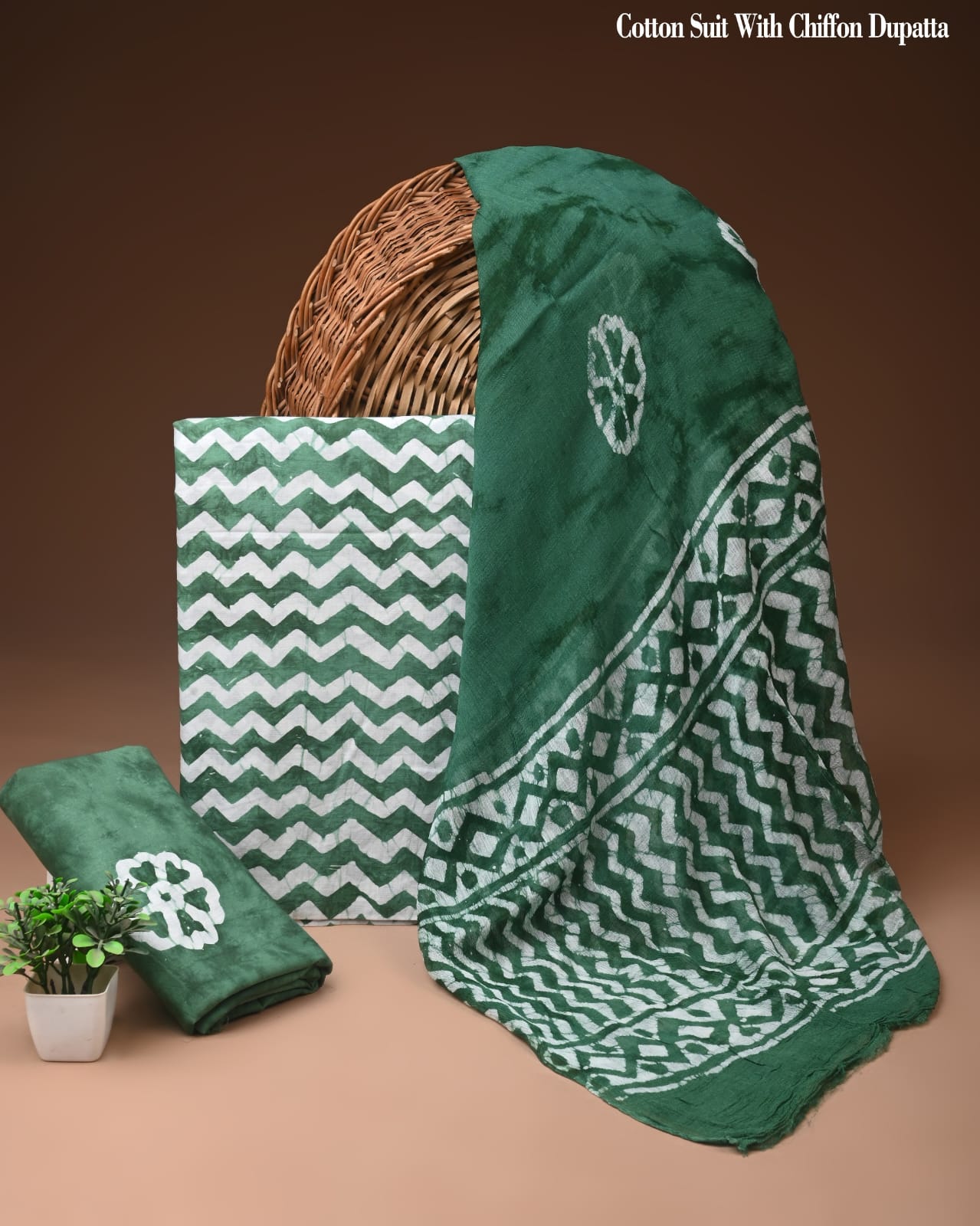 Dark Green Batik Print Cotton Suit with Chiffon Dupatta – Ladies Unstitched Summer Dress Material