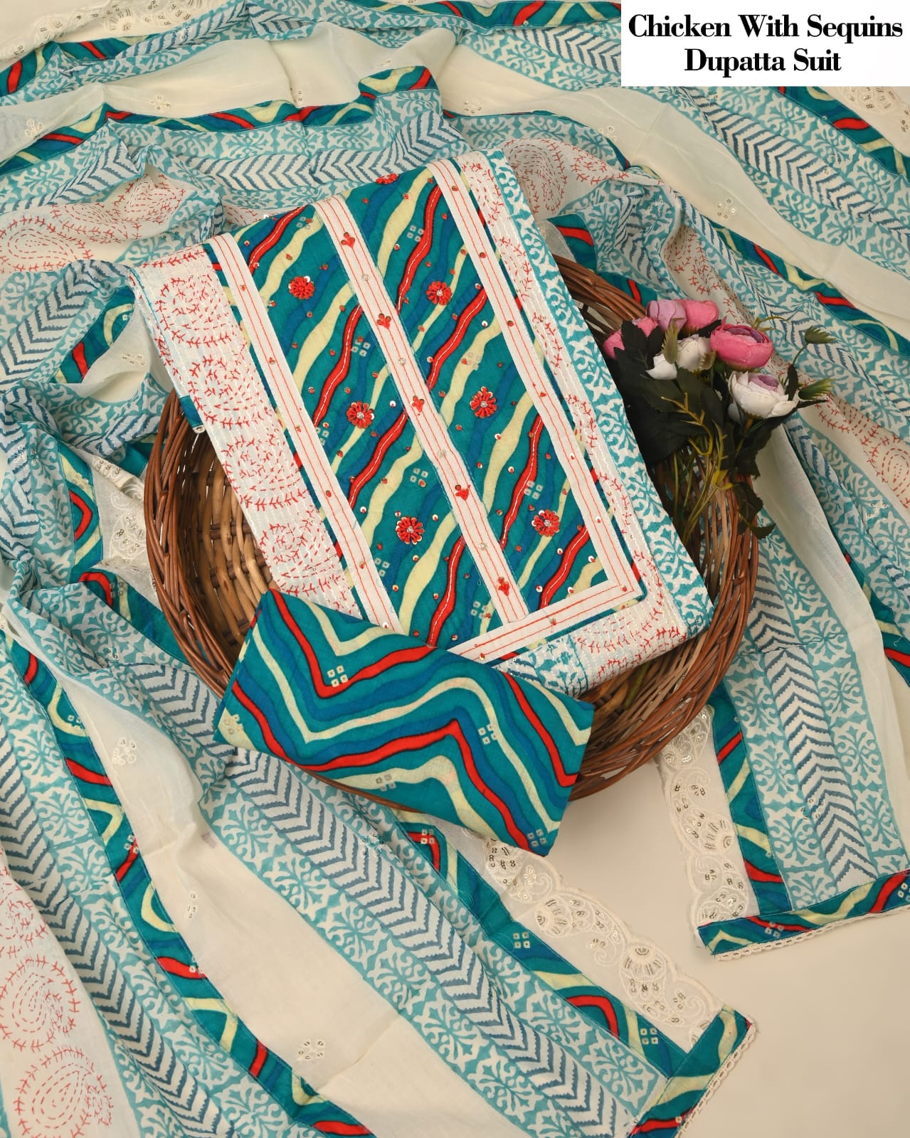 Teal Chicken Embroidered Suit with Sequins Chiffon Dupatta – Festive Wear for Women