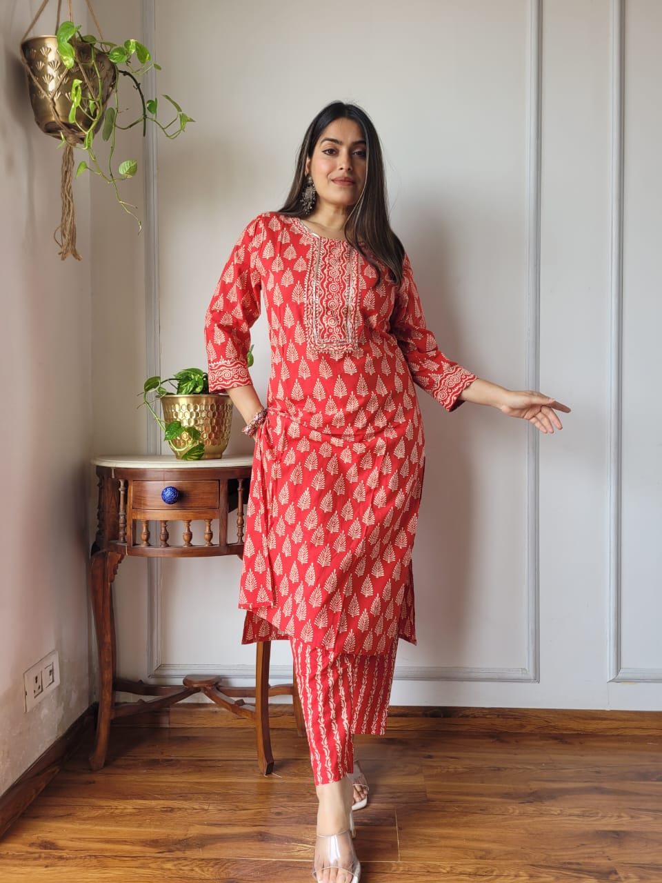 Red Printed Cotton Kurti Pant Set for Women | Stylish Ethnic Wear