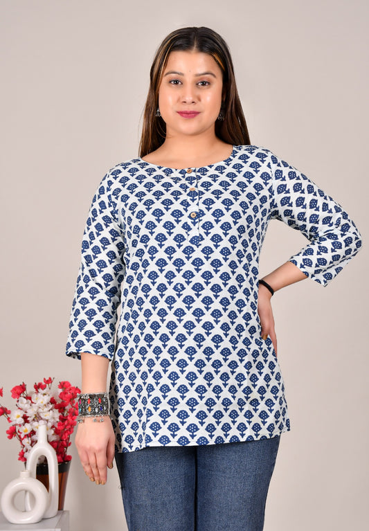 White Blue Block Printed Cotton Top for Women – Casual Ethnic Wear