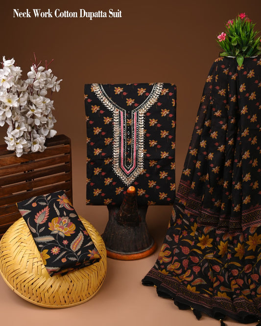 Black Floral Cotton Suit with Heavy Neck Work & Chiffon Dupatta – Elegant Unstitched Set