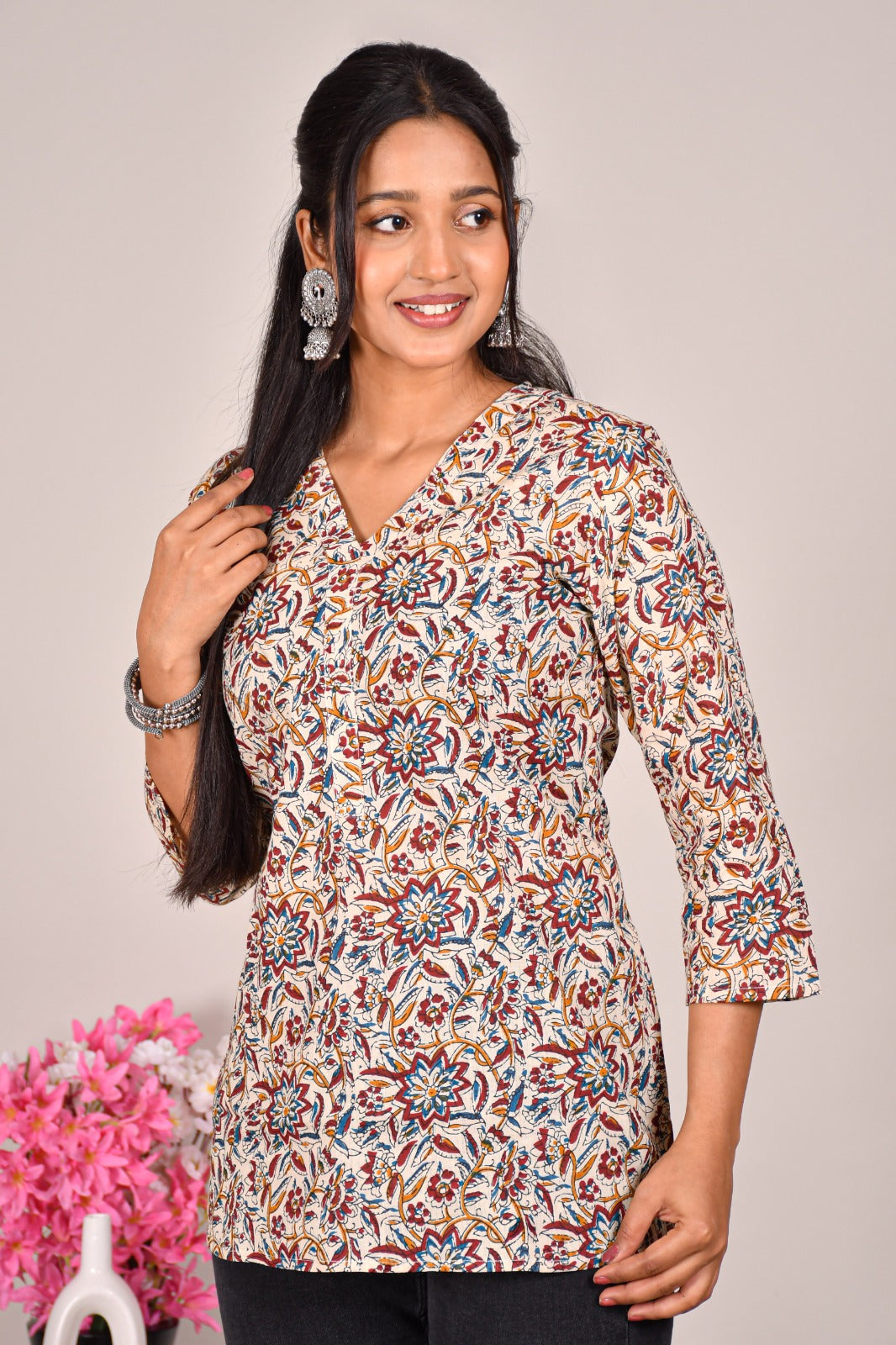 Beige Floral Printed Cotton Top for Women – Casual V-Neck Ethnic Wear