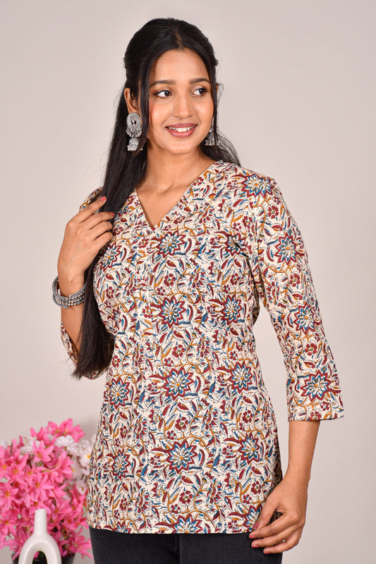Beige Floral Printed Cotton Top for Women – Casual V-Neck Ethnic Wear