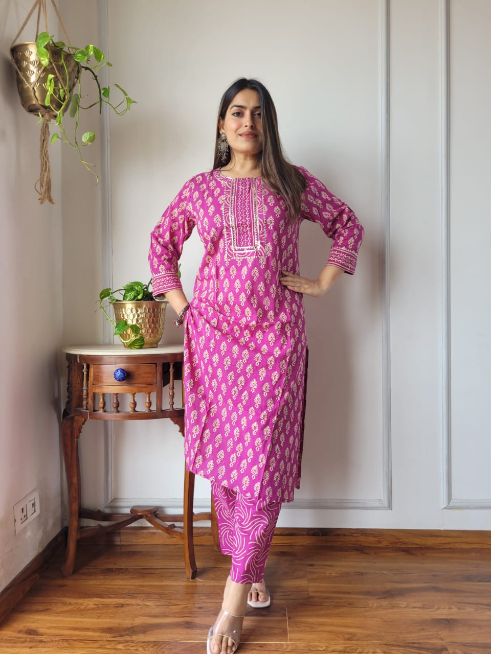 Pink Traditional Printed Cotton Kurti Pant Set for Women | Ethnic Wear