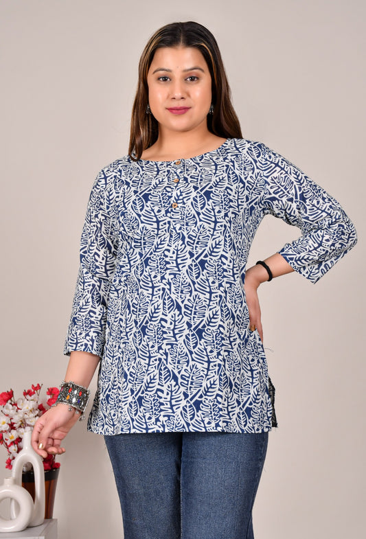 Blue Leaf Printed Cotton Top for Women – Casual Ethnic 3/4 Sleeve Top