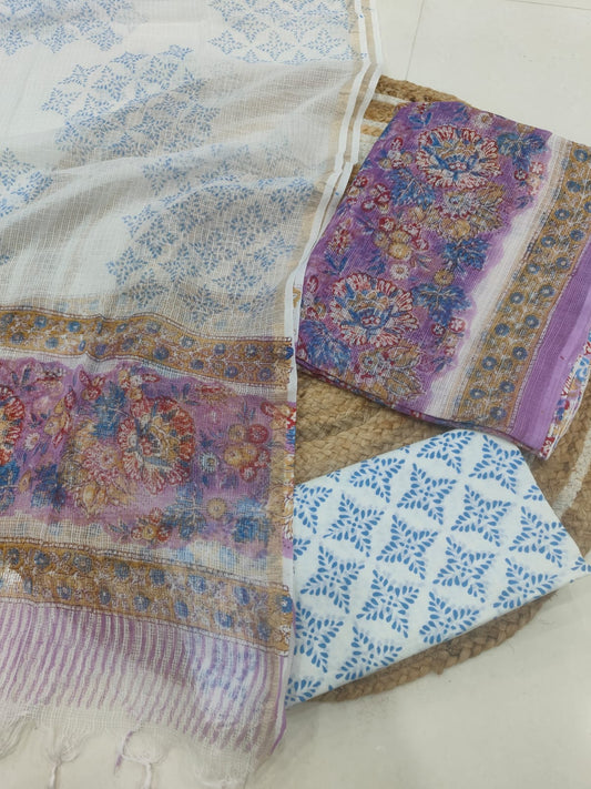 White & Blue Ethnic Printed kota doriya Suit Set (MVFKO17)
