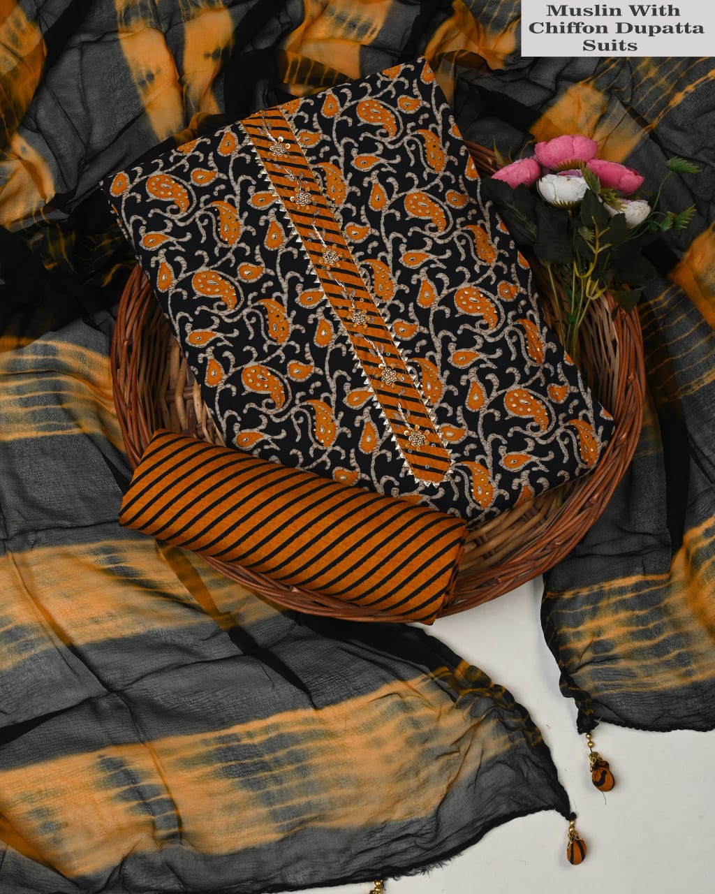 Black Muslin Printed Suit with Chiffon Dupatta – Elegant Ethnic Wear