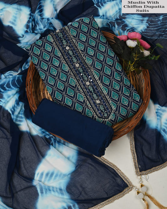 Navy Blue Muslin Designer Suit with Shaded Chiffon Dupatta