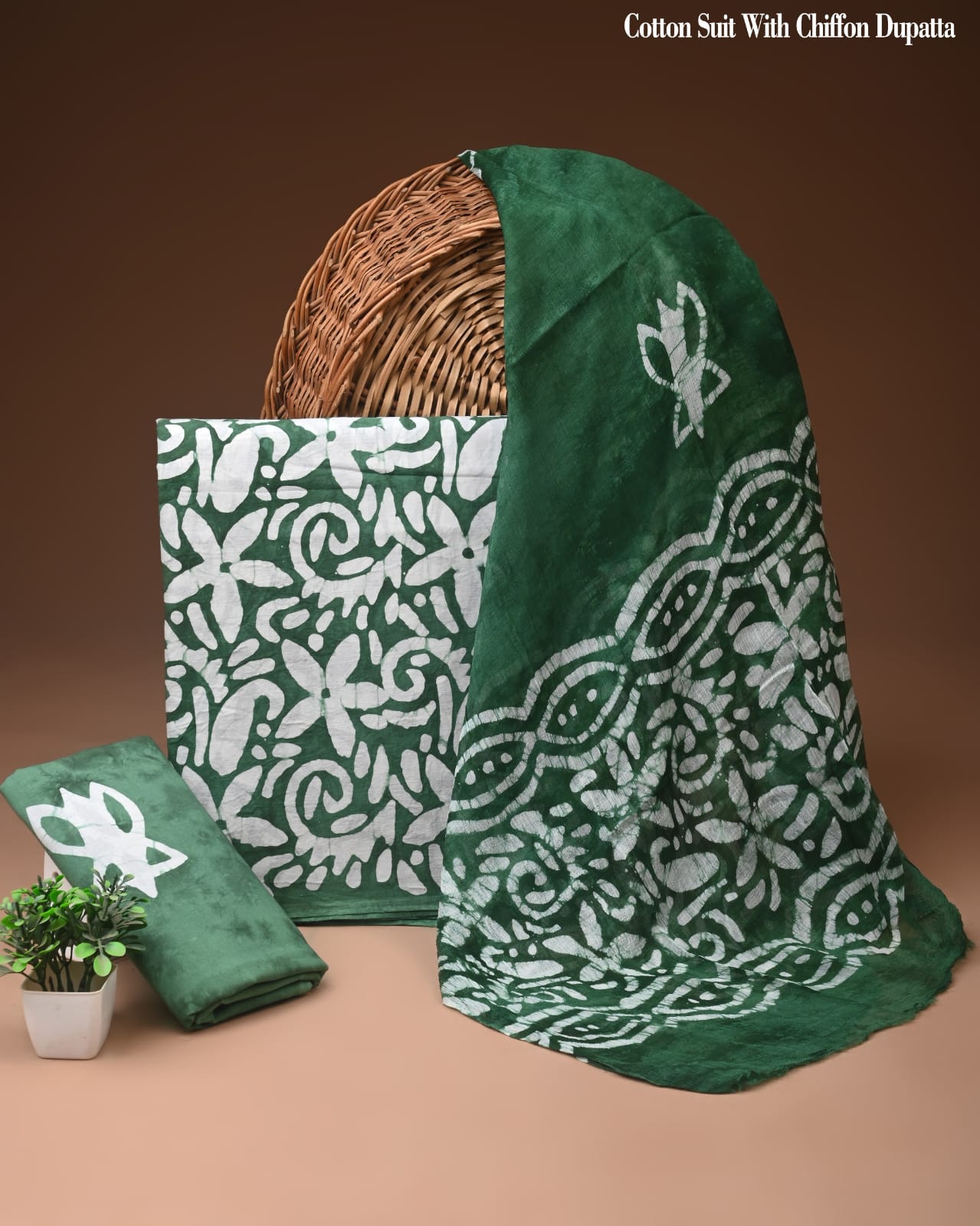Dark Green Floral Batik Print Cotton Suit with Chiffon Dupatta – Ladies Unstitched Summer Dress Material