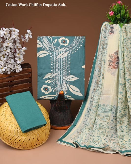 Teal Green Cotton Work Suit with Printed Chiffon Dupatta – Elegant Unstitched Set