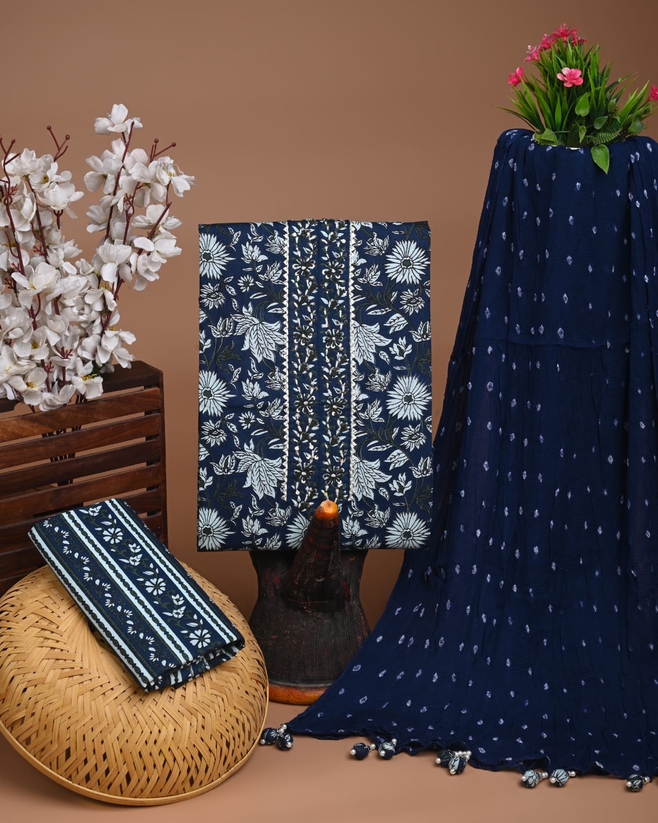 Navy Blue Floral Printed Cotton Suit with Chiffon Dupatta – Elegant Ladies Unstitched Dress Material