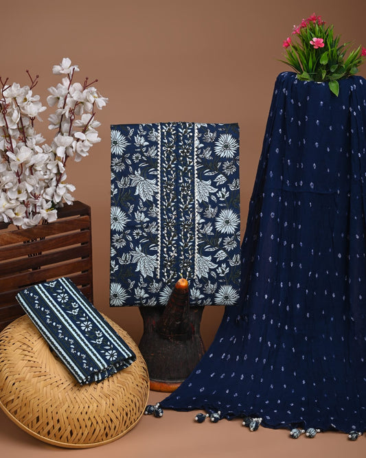 Navy Blue Floral Printed Cotton Suit with Chiffon Dupatta – Elegant Ladies Unstitched Dress Material