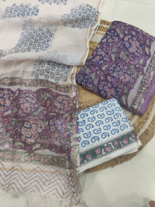 White & Purple Floral Printed kota doriya Suit Set (MVFKO49)