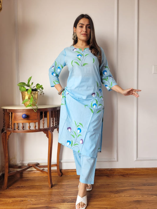 Sky Blue Floral Cotton Kurta Pant Set for Women | Elegant Summer Ethnic Wear