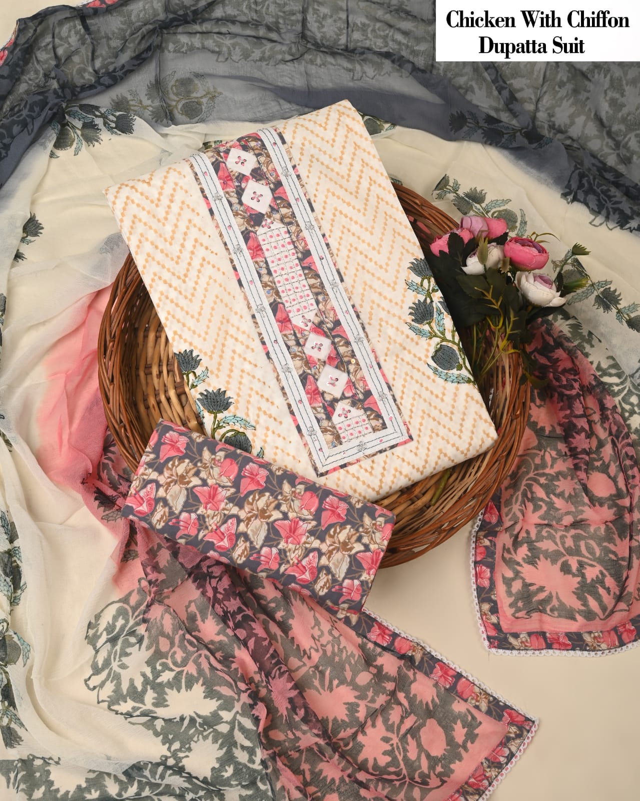 Cream Chicken Embroidered Suit with Printed Chiffon Dupatta – Ladies Unstitched Summer Dress Material