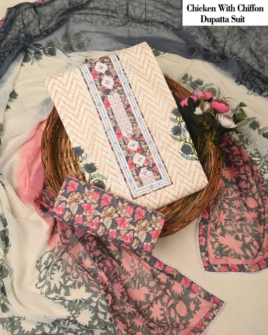 Cream Chicken Embroidered Suit with Printed Chiffon Dupatta – Ladies Unstitched Summer Dress Material