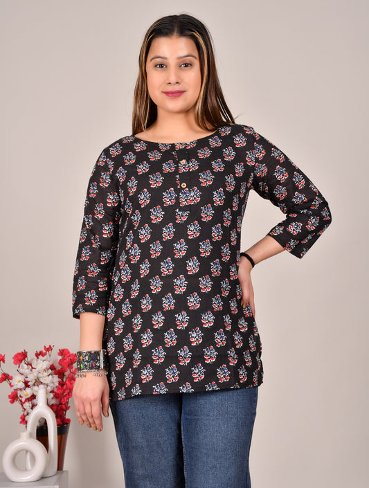 Black Floral Printed Cotton Top for Women – Casual Ethnic Sleeve Top