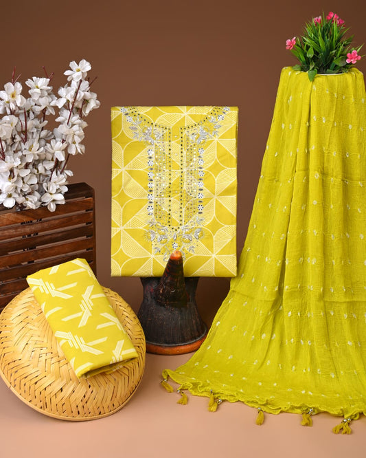 Lemon Yellow Printed Cotton Suit with Chiffon Dupatta – Summer Special Unstitched Set