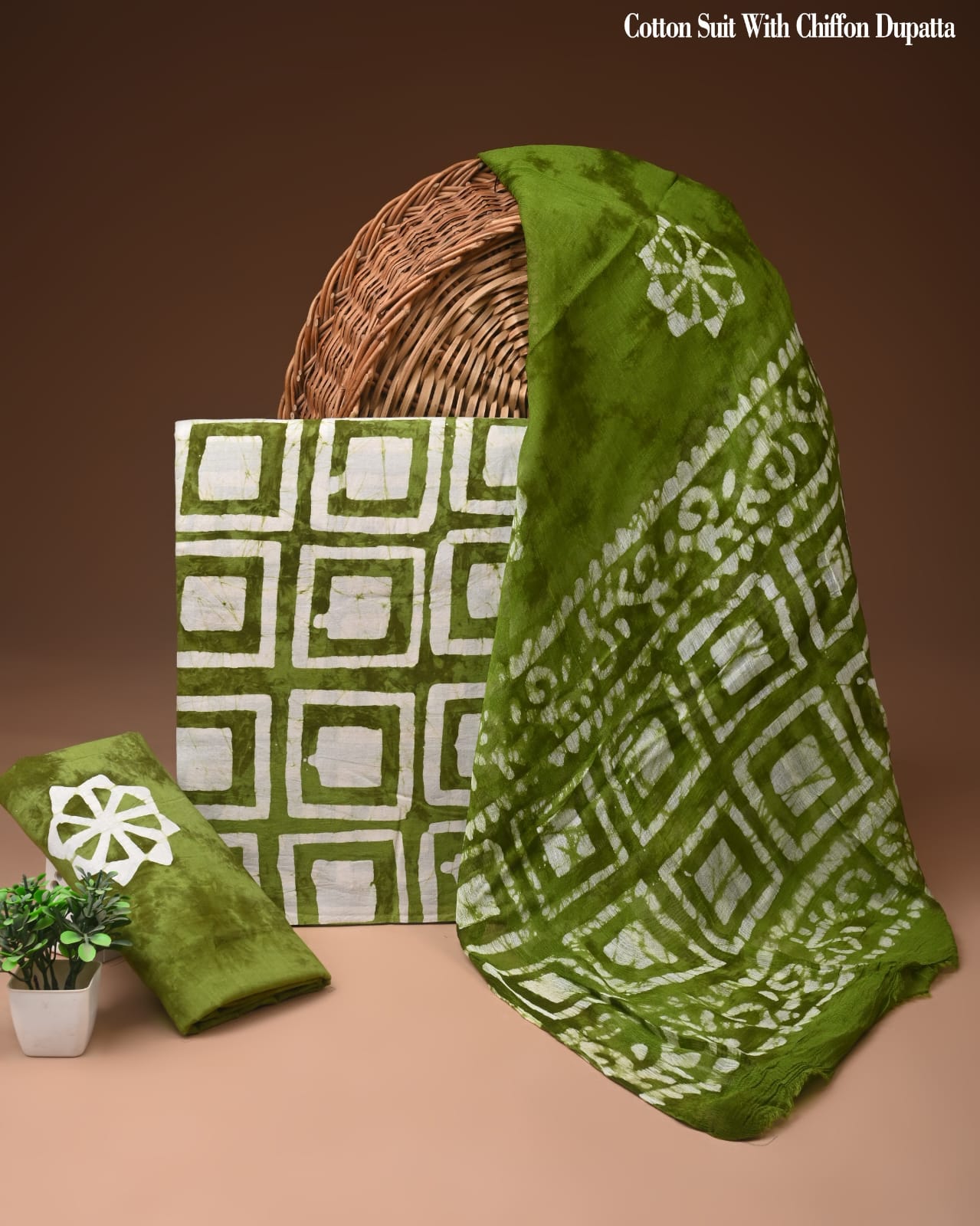 Olive Green Geometric Batik Print Cotton Suit with Chiffon Dupatta – Ladies Unstitched Summer Dress Material