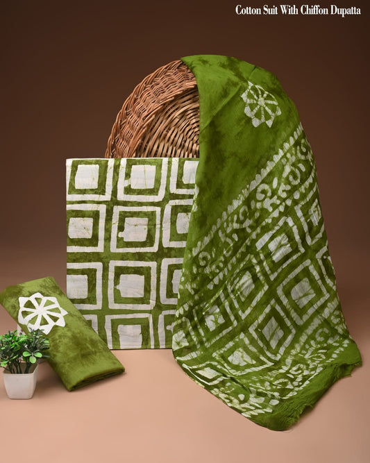 Olive Green Geometric Batik Print Cotton Suit with Chiffon Dupatta – Ladies Unstitched Summer Dress Material