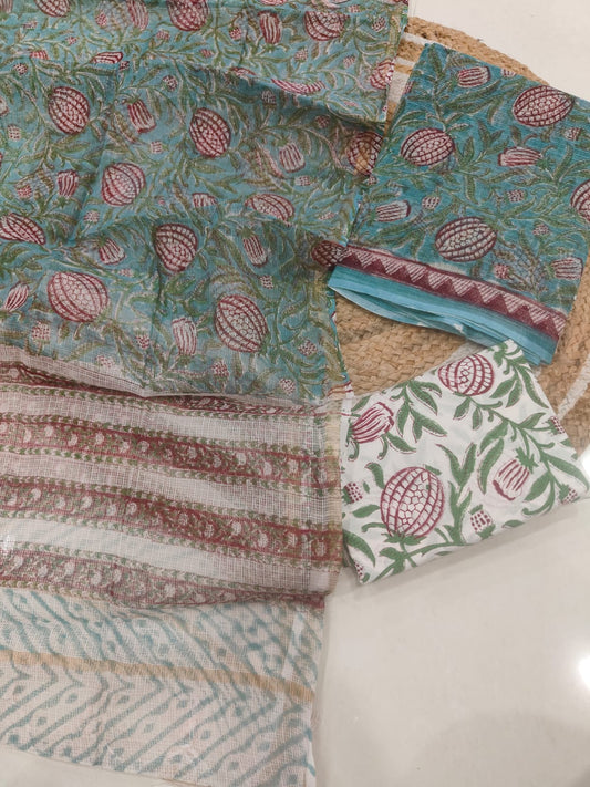 Teal Green Floral Printed kota doriya Suit Set (MVFKO19)