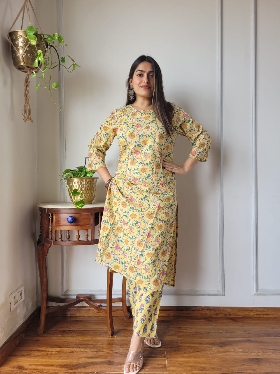 Yellow Floral Cotton Kurti Pant Set for Women | Summer Ethnic Wear