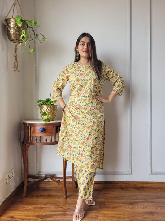 Yellow Floral Cotton Kurti Pant Set for Women | Summer Ethnic Wear