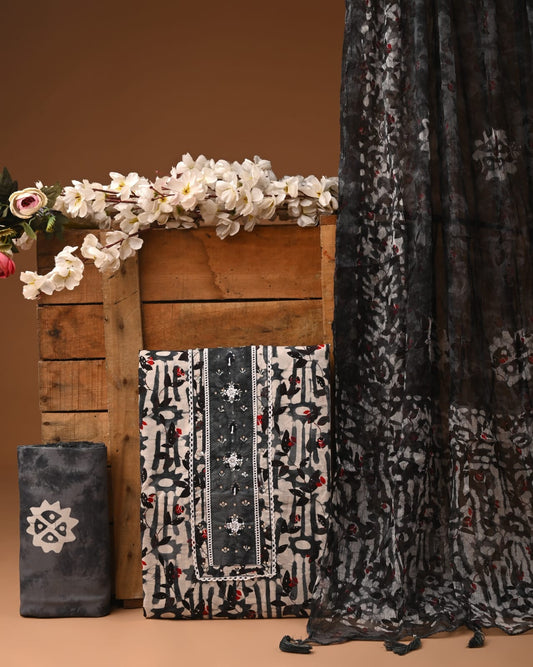 Black Printed Cotton Suit with Chiffon Dupatta – Stylish Unstitched Dress Material
