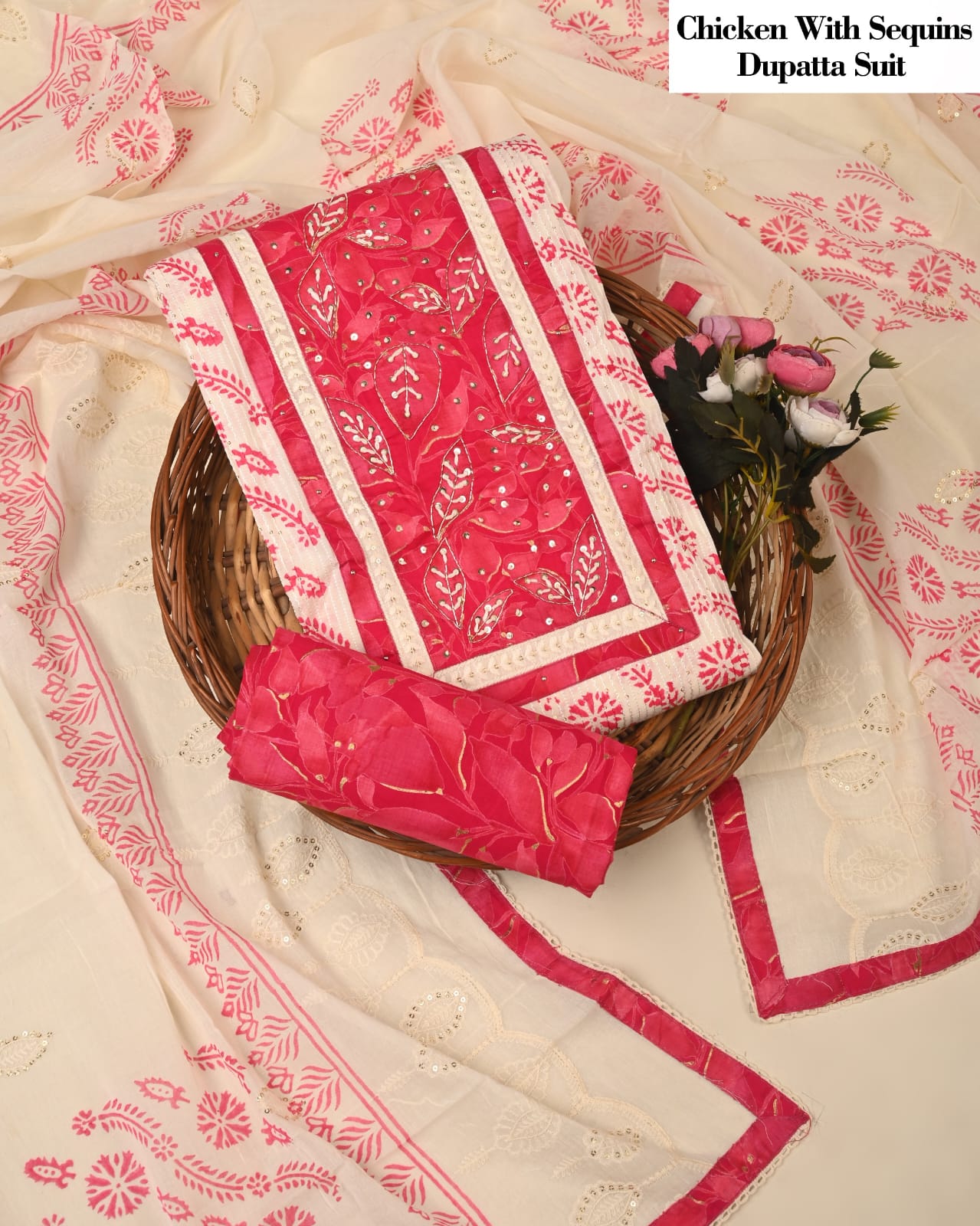 Pink Embroidered Chicken Suit with Sequins Dupatta – Party Wear