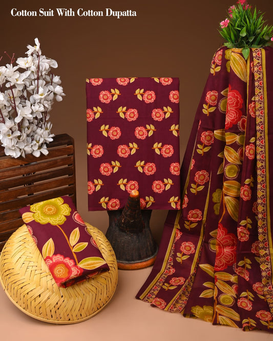 Maroon Floral Printed Cotton Suit with Cotton Dupatta – Ladies Unstitched Summer Dress Material