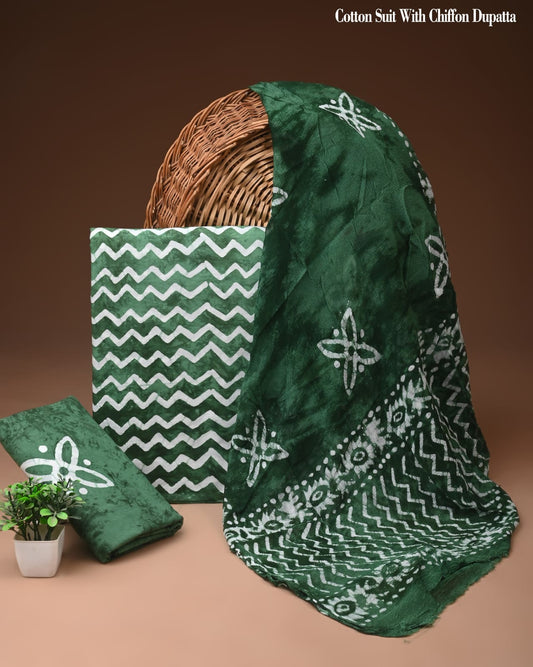 Bottle Green Zigzag Batik Print Cotton Suit with Chiffon Dupatta – Ladies Unstitched Summer Dress Material