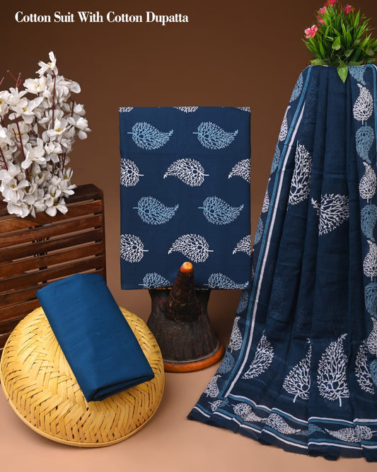 Navy Blue Leaf Printed Cotton Suit with Cotton Dupatta – Ladies Unstitched Summer Dress Material