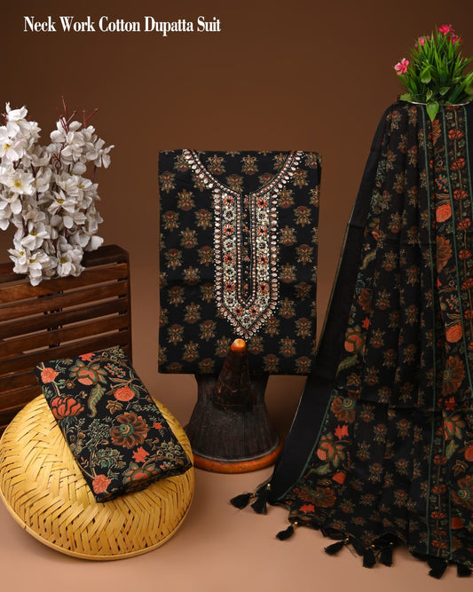 Black Floral Cotton Suit with Heavy Neck Work & Dupatta – Women’s Unstitched Dress Material