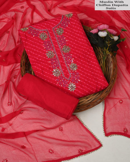 Red Muslin Embroidered Suit with Chiffon Dupatta – Festive Party Wear for Women