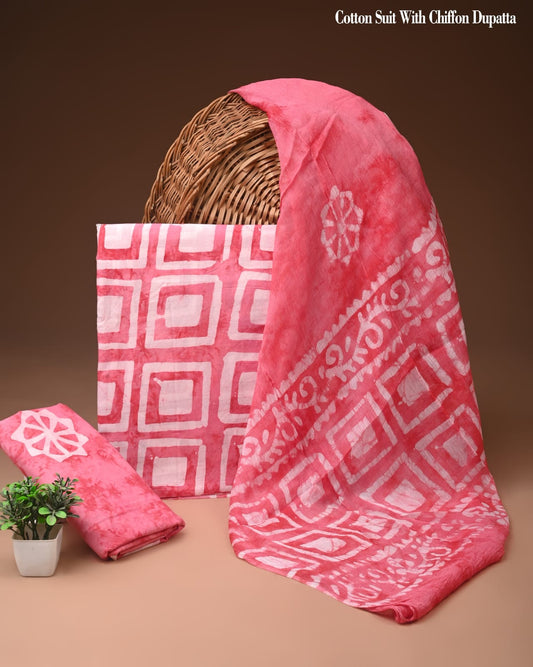 Pink Block Print Cotton Suit with Chiffon Dupatta – Ladies Unstitched Summer Dress Material