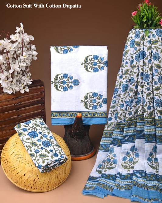 White & Blue Floral Printed Cotton Suit with Cotton Dupatta – Ladies Unstitched Summer Dress Material