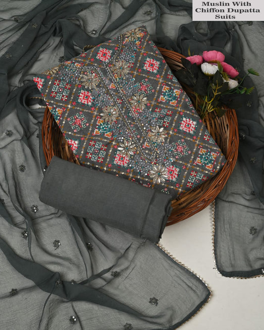 Grey Designer Muslin Suit with Embroidery & Chiffon Dupatta for Women